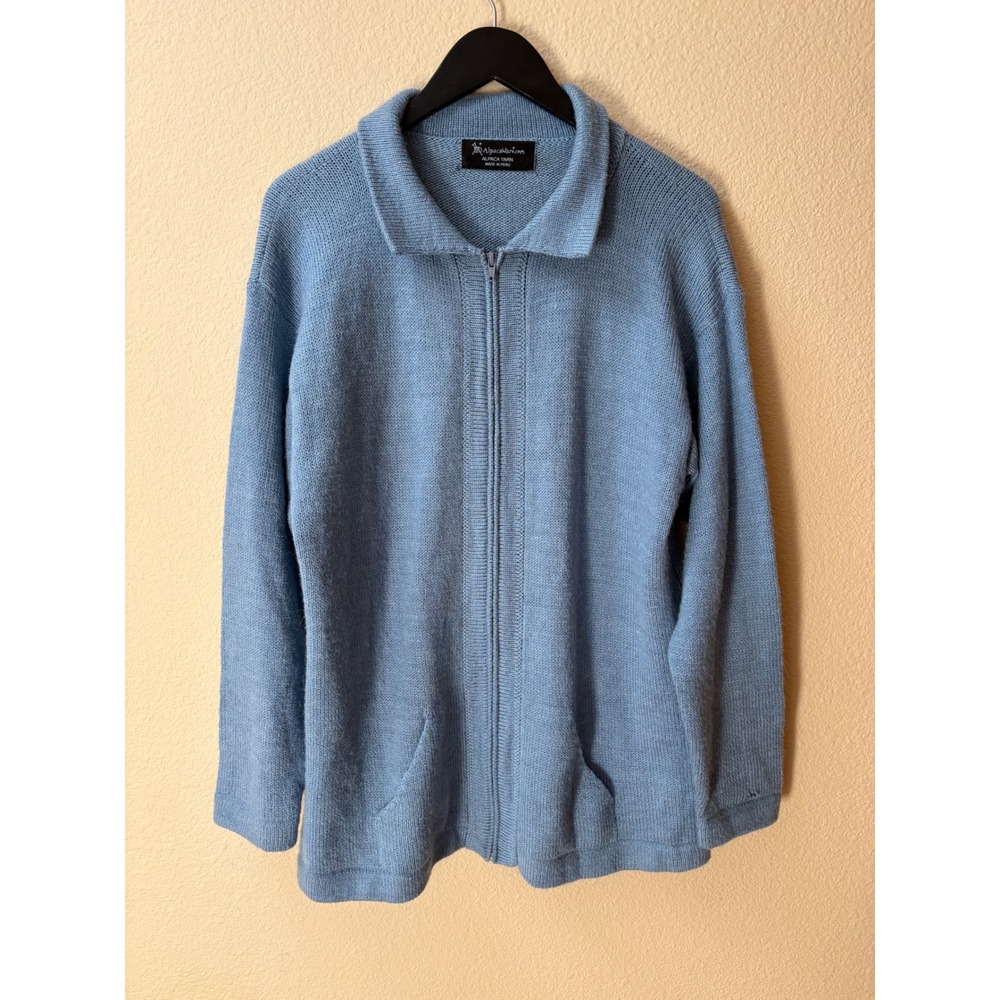 Alpacaware Peru Alpaca Yarn Full Zip Cardigan Sweater Blue Collared Pockets